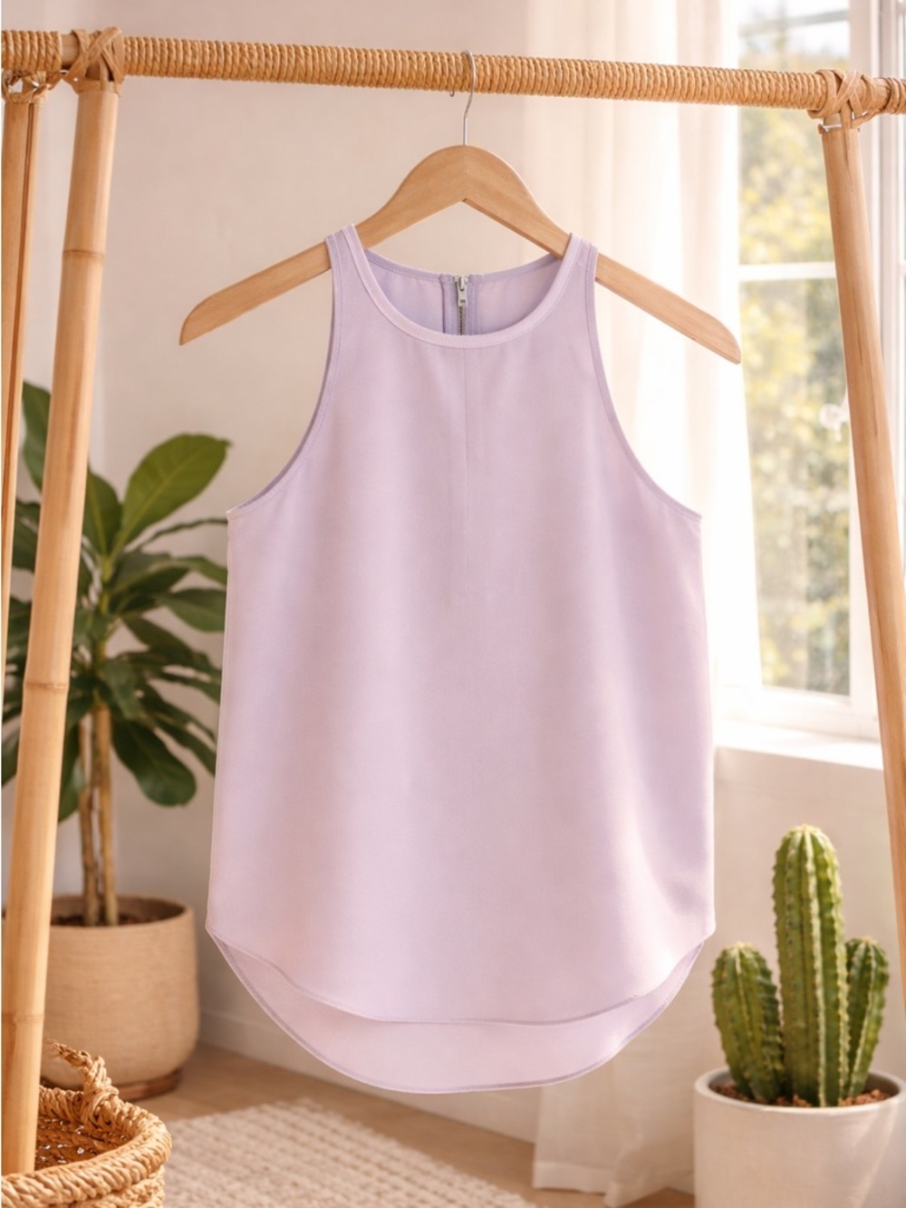 Aritzia Wilfred Silk Trim High Neck Tank Blouse Zip Back Small Minimal